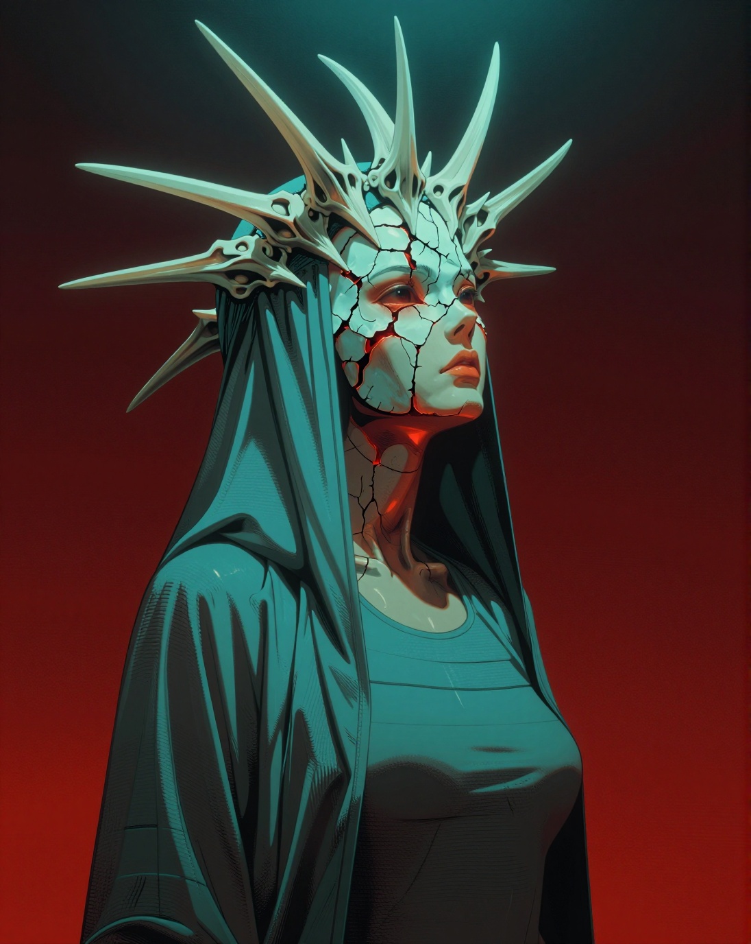 A female-presenting android figure gazing upward with chin tilted toward an unseen light source,  her face entirely encase...