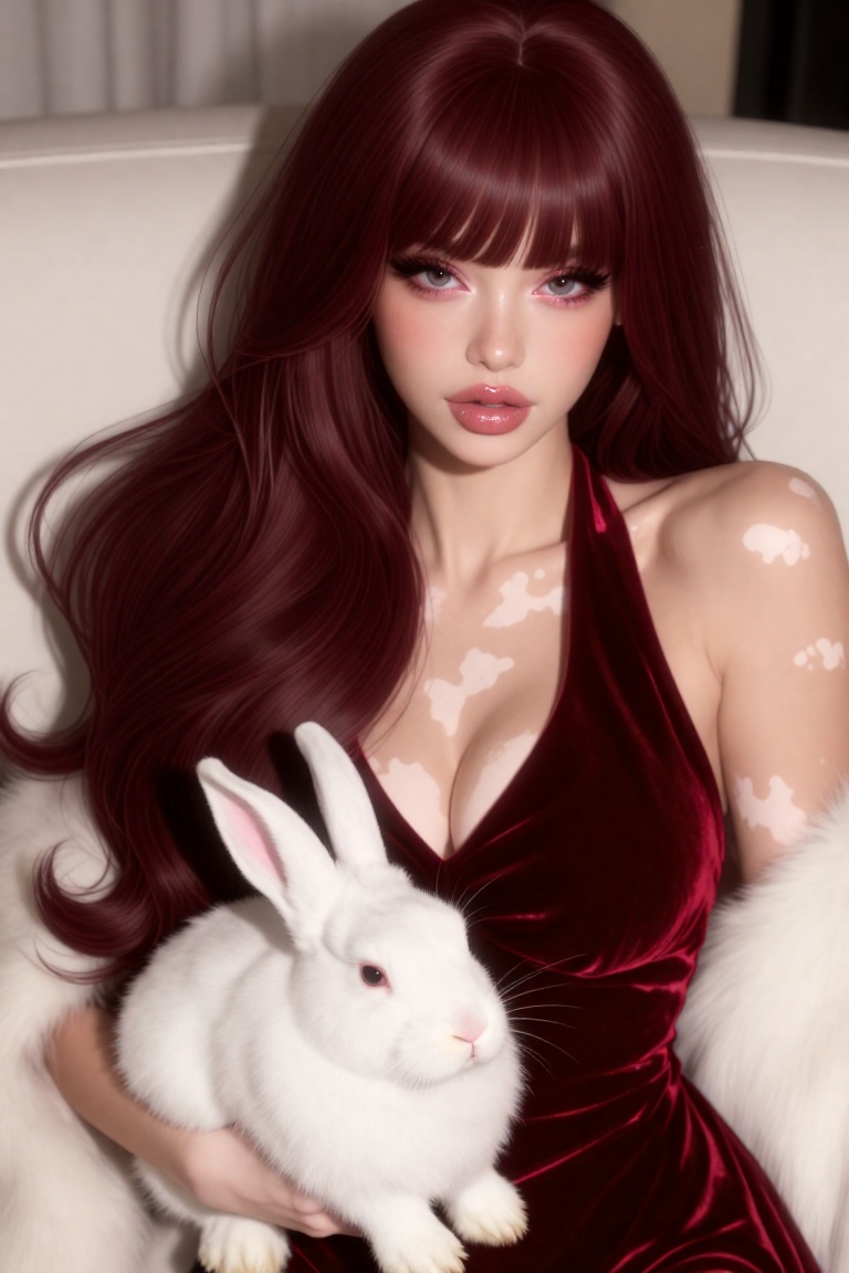 Top down angle,  high angle shot of a beautiful vitiligo young woman with long deep burgundy hair and wispy bangs. She has...