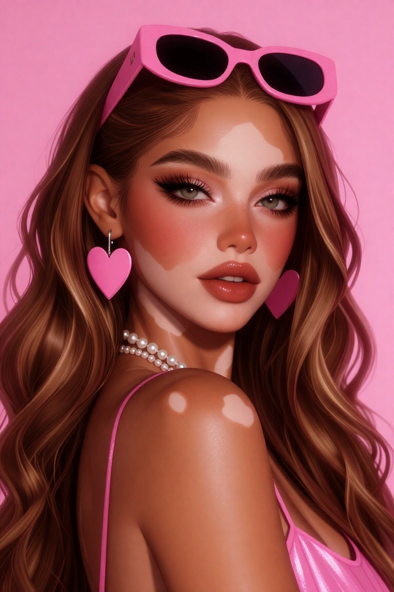 A close-up portrait of a young vitiligo woman with long,  wavy hair. She wears bright pink sunglasses perched on her head,...