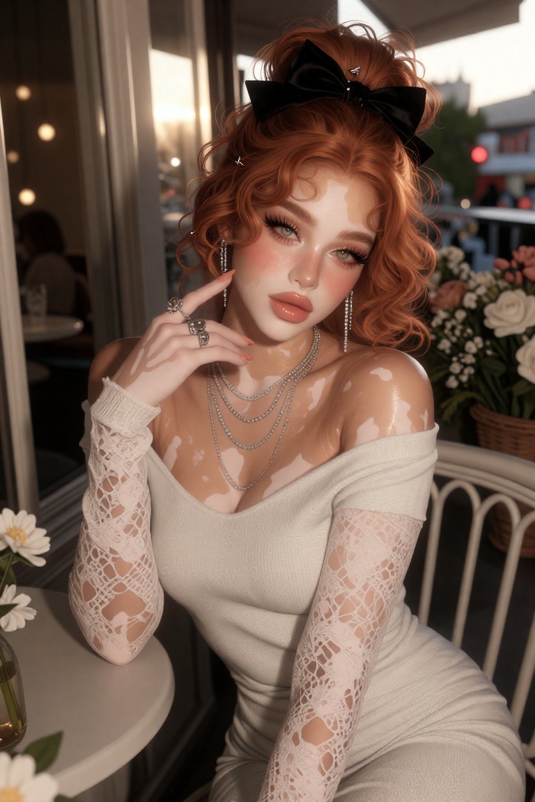 High angle shot of a delicate woman with soft ginger curls pinned into a messy updo using black velvet bows and silver hai...