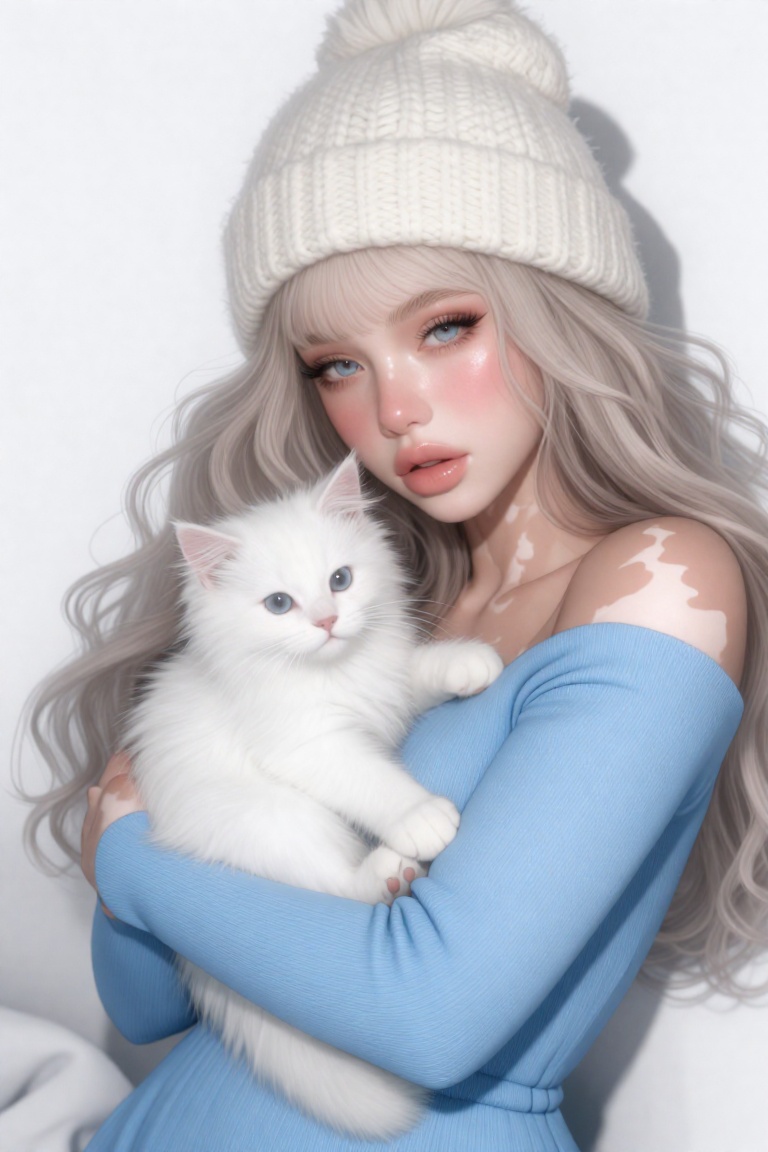Top high angle shot of a beautiful vitiligo young woman with icy platinum blonde hair in loose curls,  wearing an oversize...