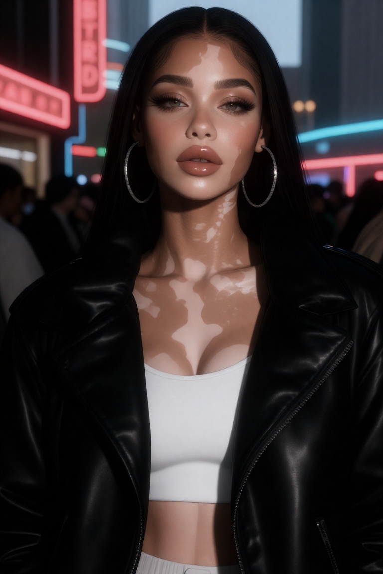 portrait of a stylish woman with vitiligo,  detailed vitiligo patches on face and chest,  black leather jacket over a whit...
