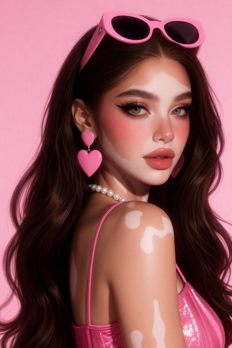 A close-up portrait of a young vitiligo woman with long,  wavy hair. She wears bright pink sunglasses perched on her head,...