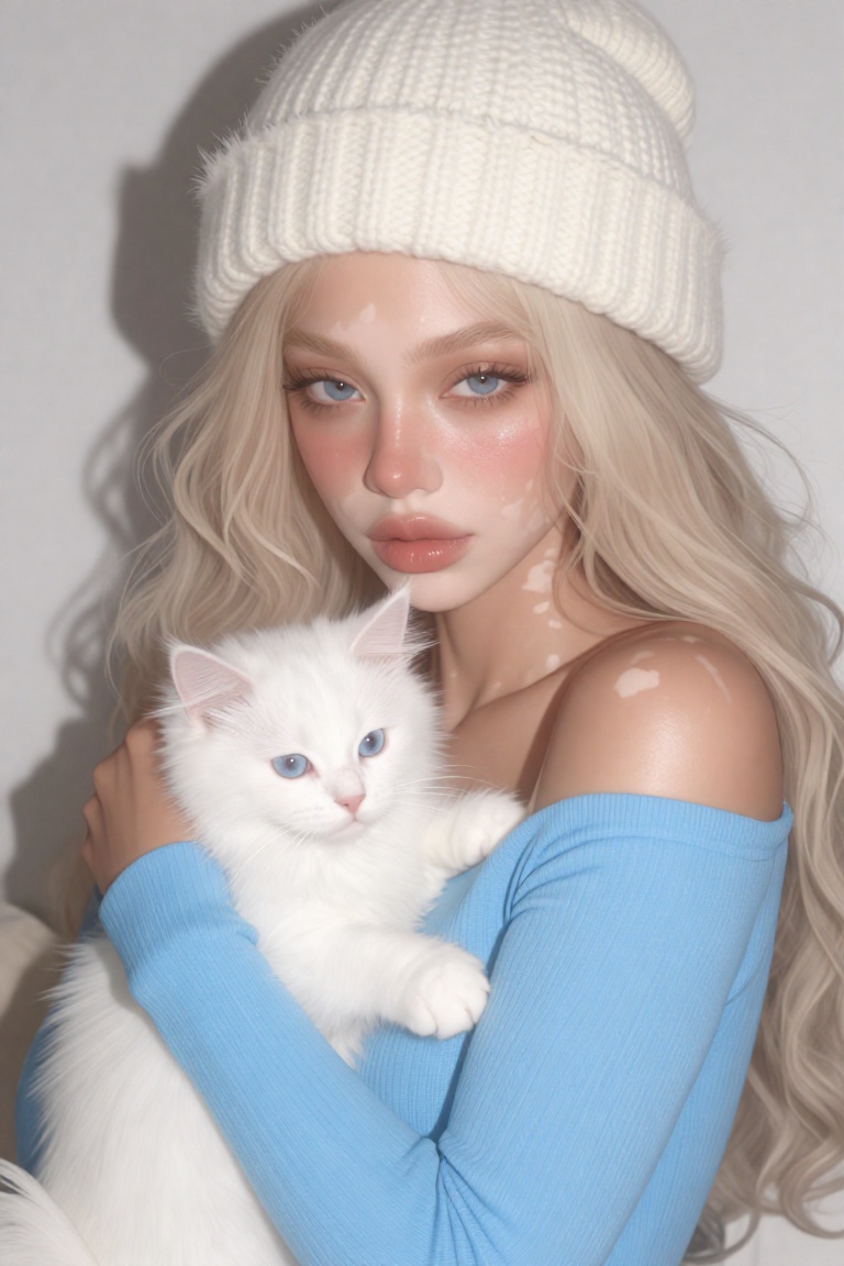 Top high angle shot of a beautiful vitiligo young woman with icy platinum blonde hair in loose curls,  wearing an oversize...