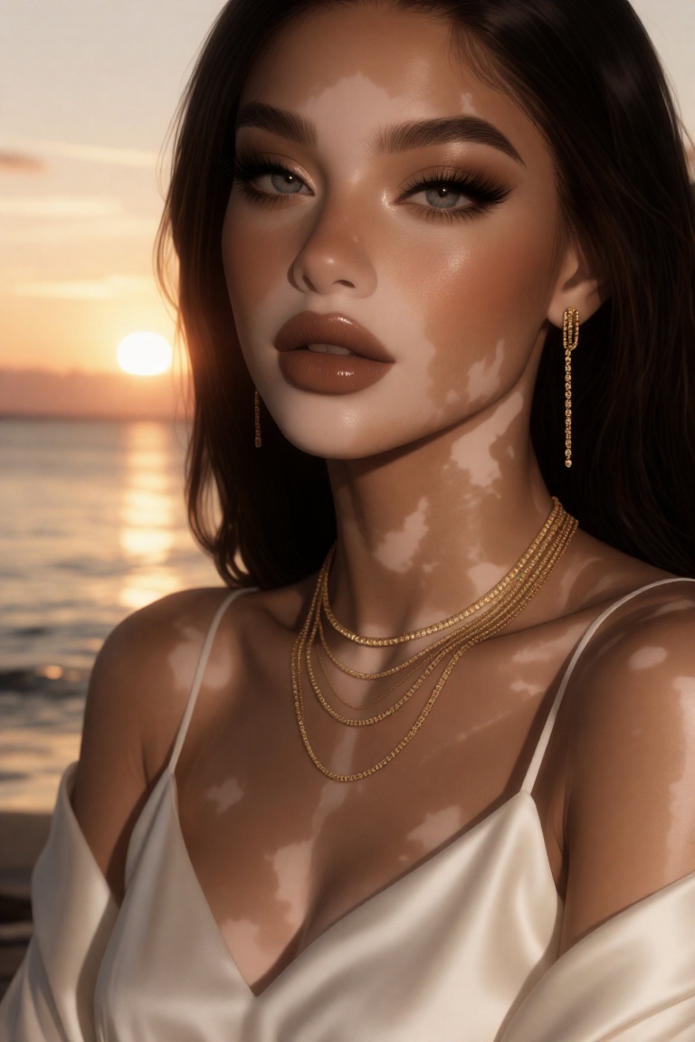 close-up beauty portrait of a woman with vitiligo,  soft natural vitiligo patterns across cheeks and collarbone,  cream sa...