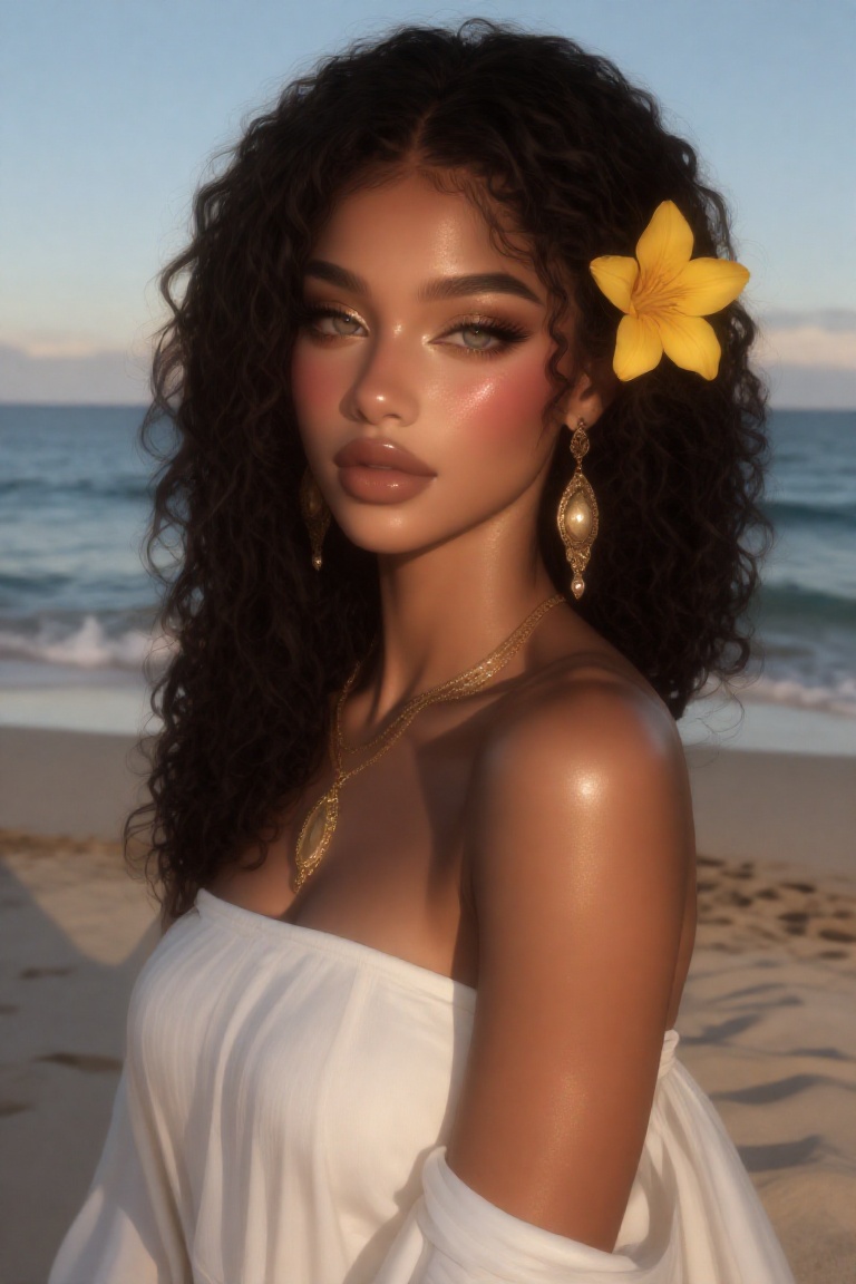 beautiful young Black woman with curly dark hair adorned with a vibrant yellow flower and large gold earrings,  wearing a...
