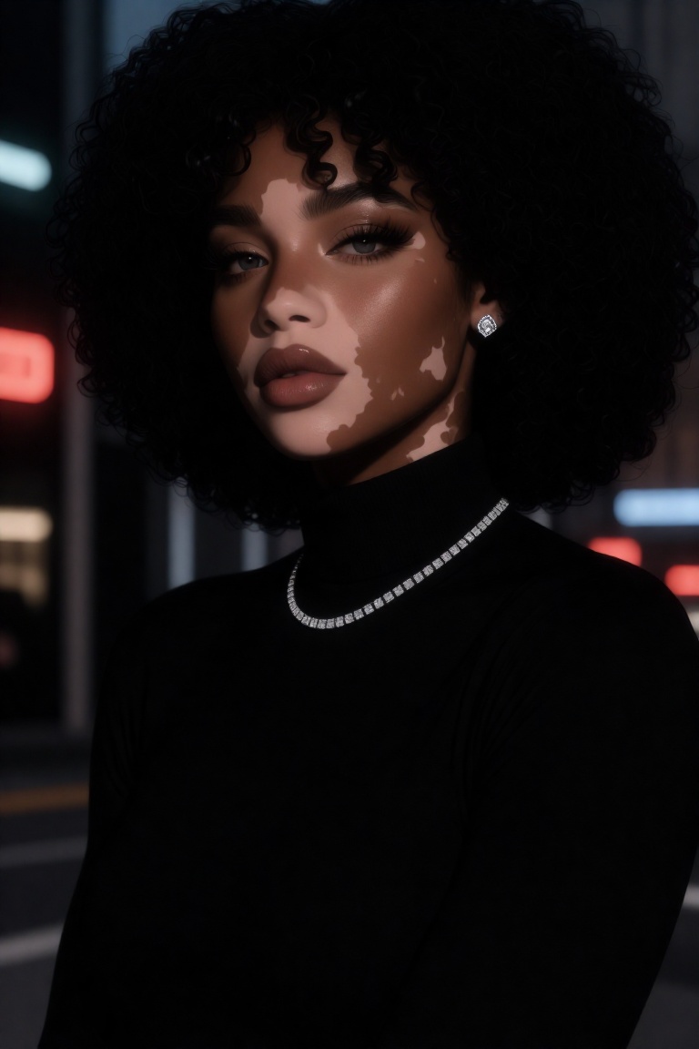 close-up portrait of a black woman with vitiligo,  striking vitiligo around eyes and neck,  black fitted turtleneck on Ten...