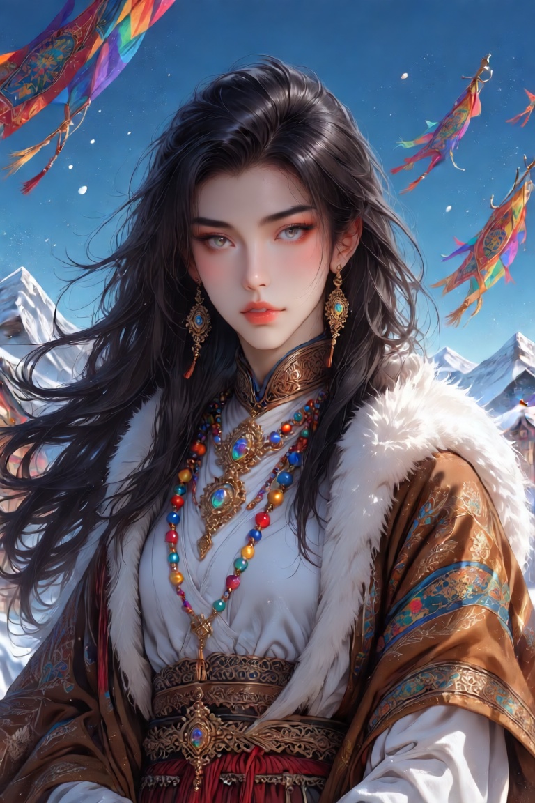 A person with long dark windswept hair is wearing intricate,  traditional attire adorned with multicolored beads and fur t...