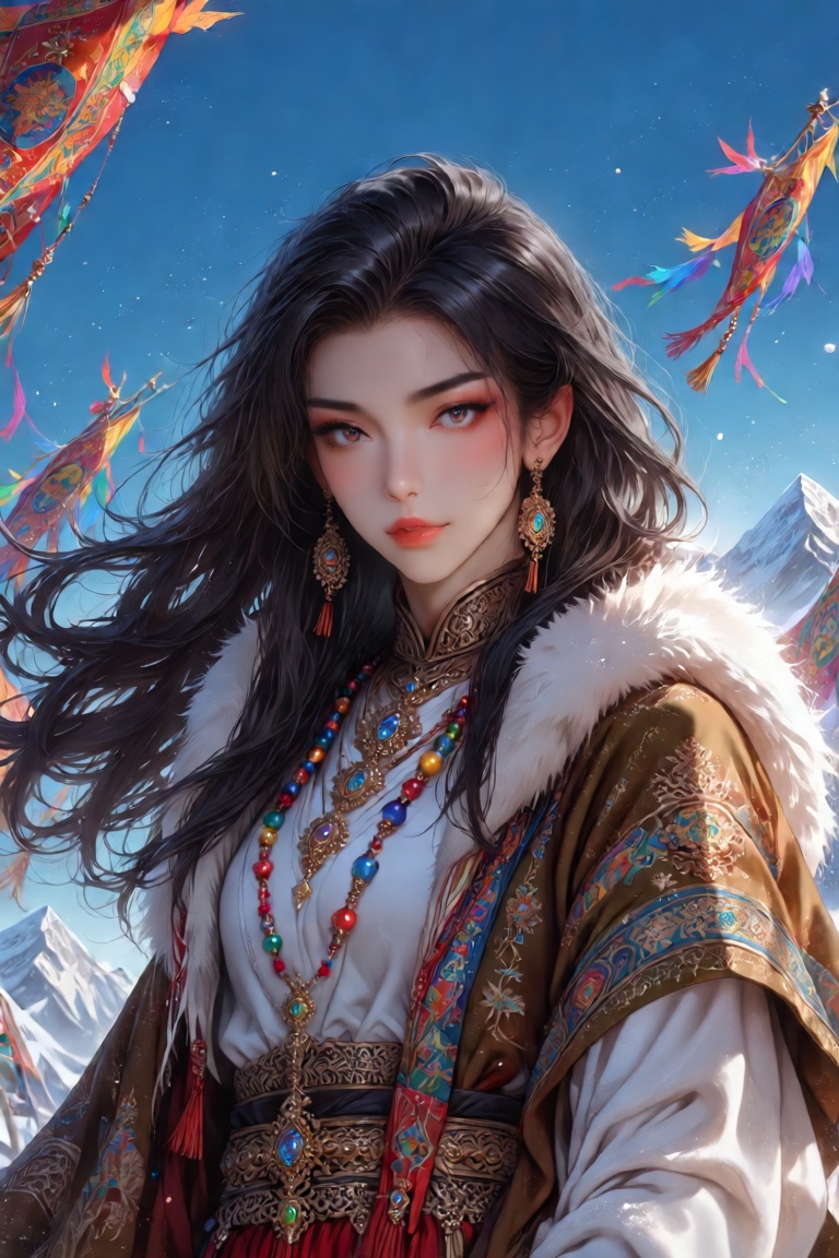 A person with long dark windswept hair is wearing intricate,  traditional attire adorned with multicolored beads and fur t...