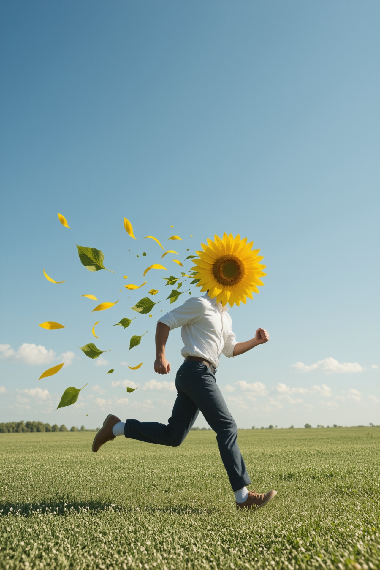 side view,  sunflower-man running while some leaf and petals fly out of him. widedistant shot,  sunny day. on Tensor.Art