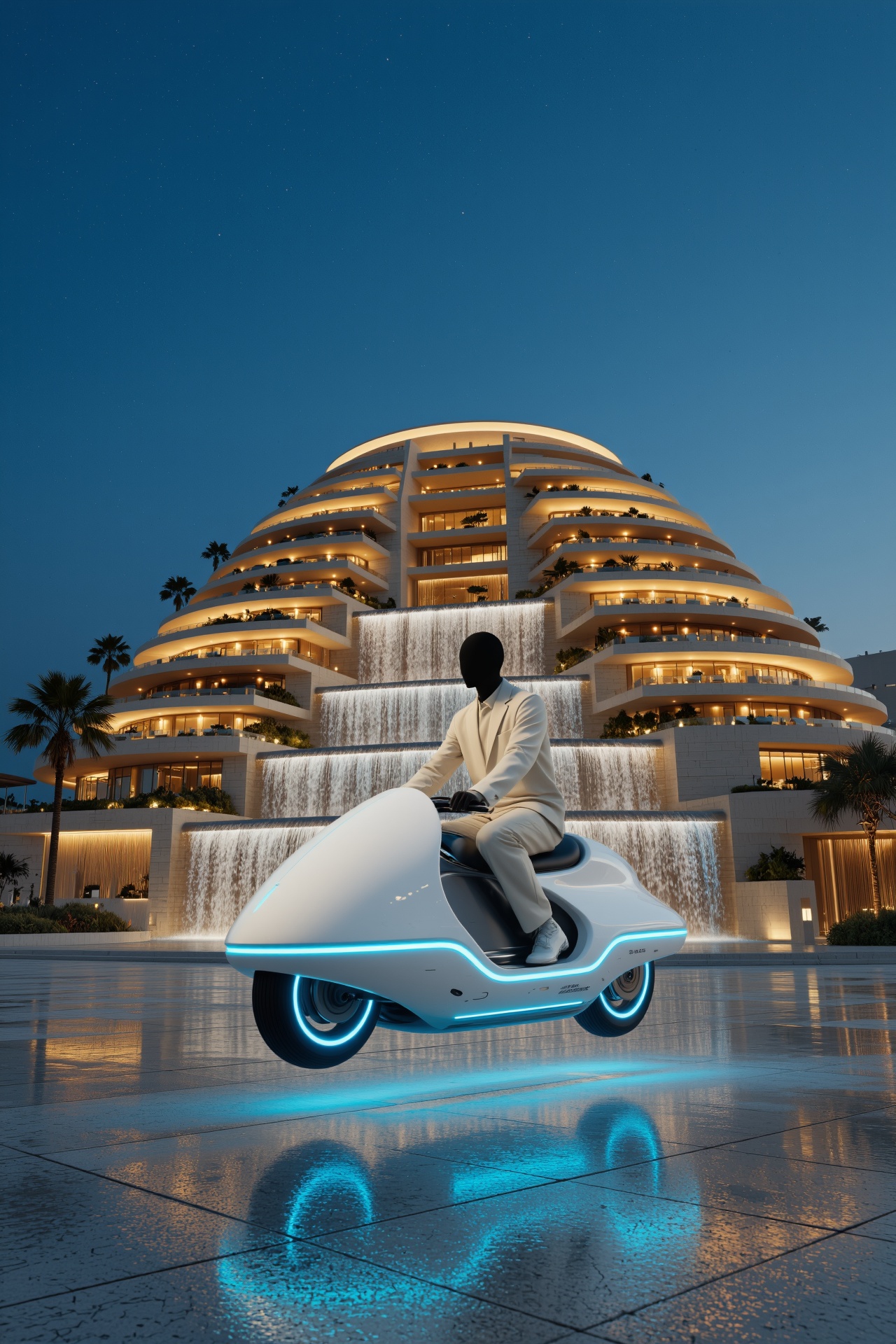 Medium shot,  low angle. A figure in a simple pale ivory field suit sits upright ON TOP of a smooth hovering vehicle ridin...