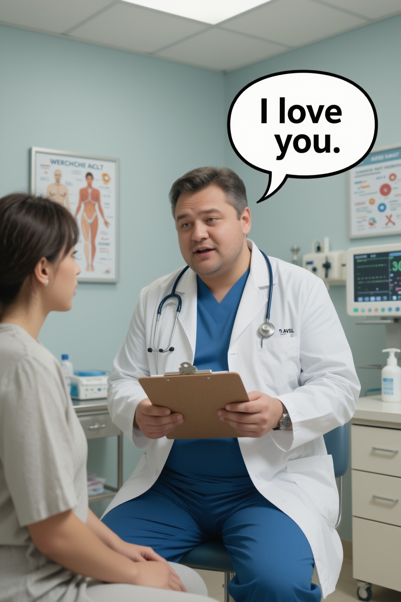 photograph of a Morbidly obese doctor holding a clipboard and talking to a patient in the exam room. Text bubble "I love y...