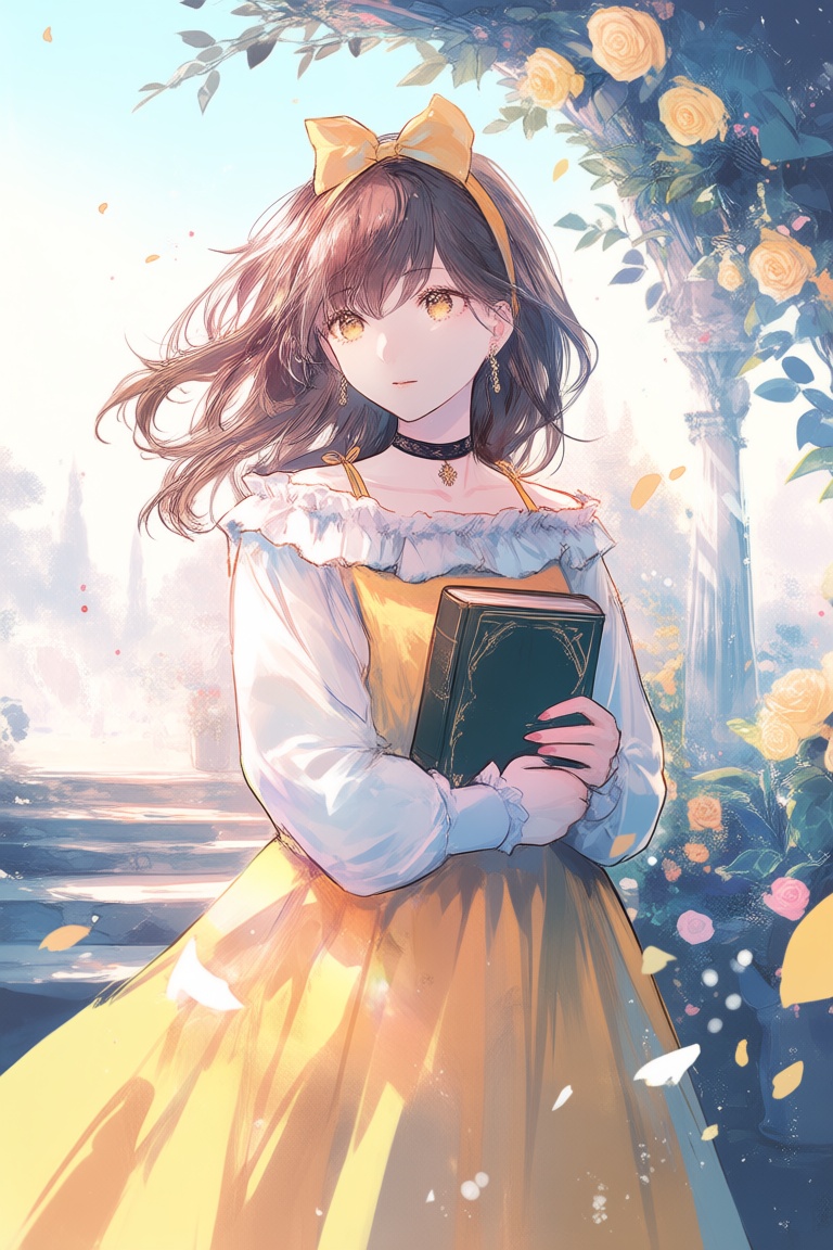 A young woman with shoulder-length brown hair tipped in golden yellow stands amidst lush yellow roses,  her long hair flow...