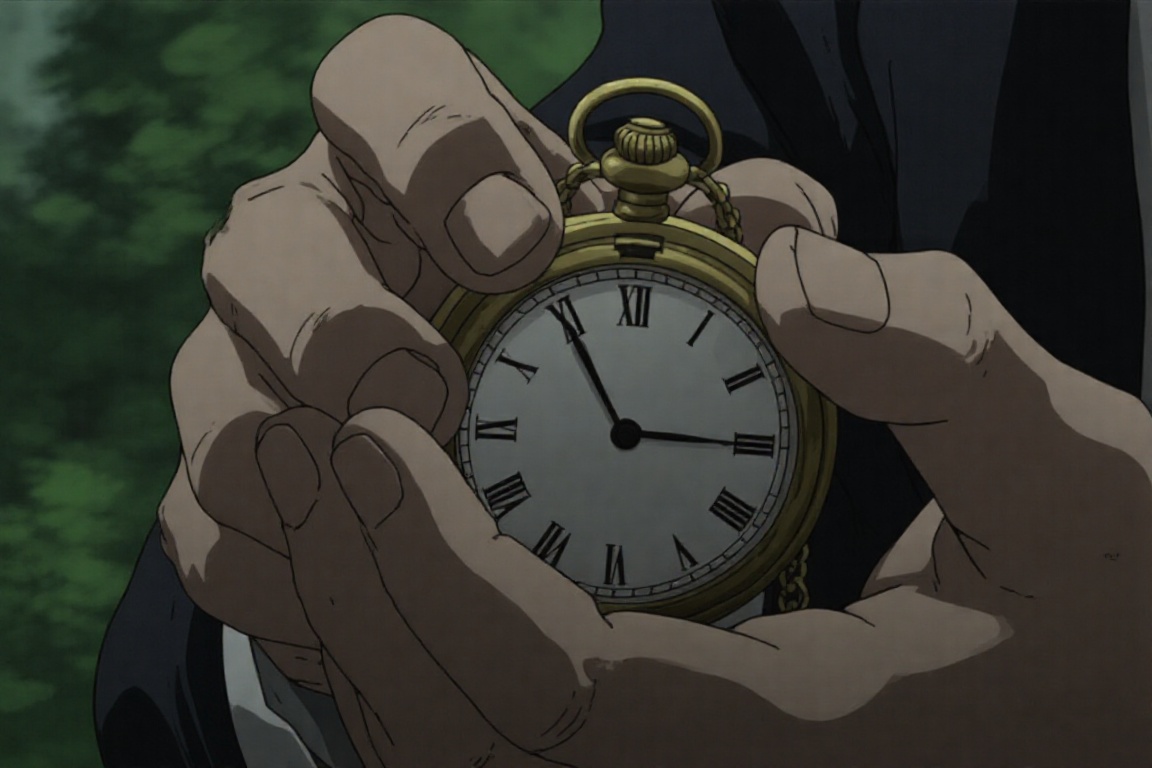 In this close-up shot,  a person's hands are shown holding a vintage pocket watch with Roman numerals. The watch has a gol...