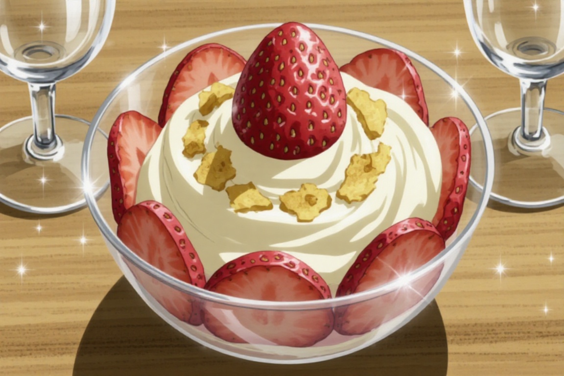 The image showcases a beautifully presented dessert featuring a creamy white swirl topped with a whole strawberry and surr...