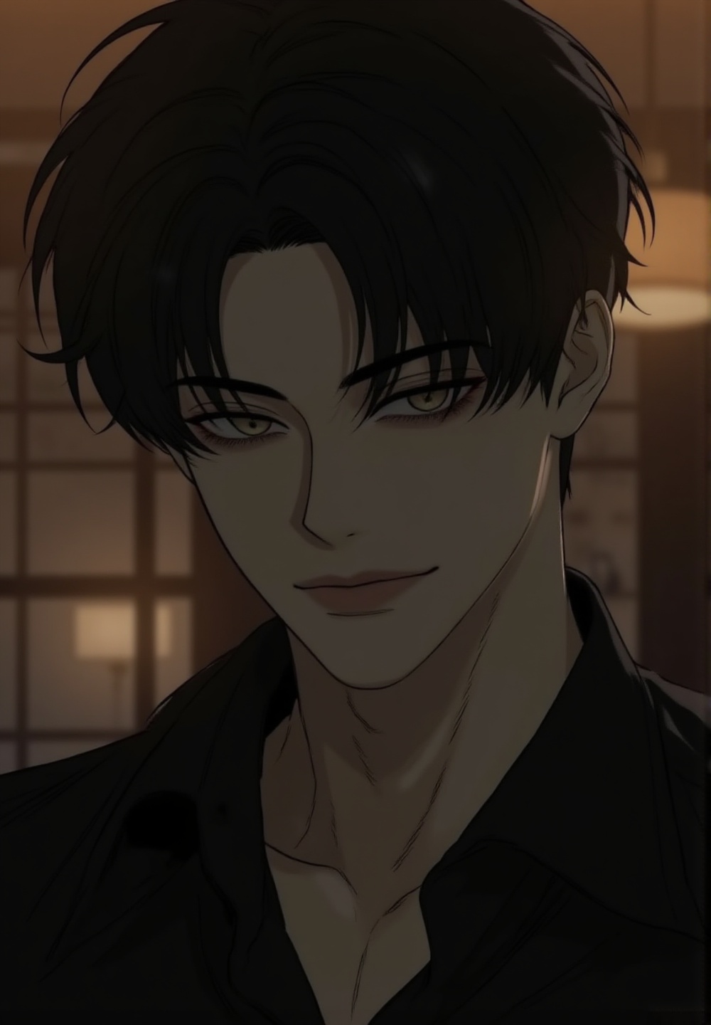 close-up angle shot of an elegant Korean man smiling faintly with dangerous charm,  intense narrow eyes staring calmly tow...