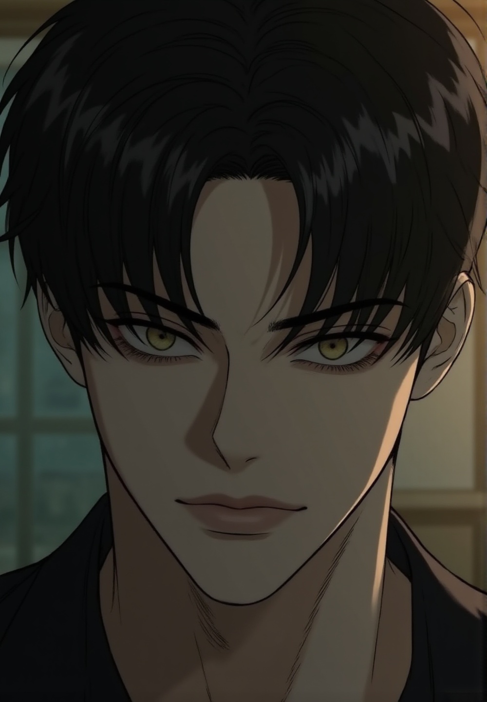 extreme close-up shot of a dangerously attractive Korean man staring intensely toward viewer,  only half of his face visib...