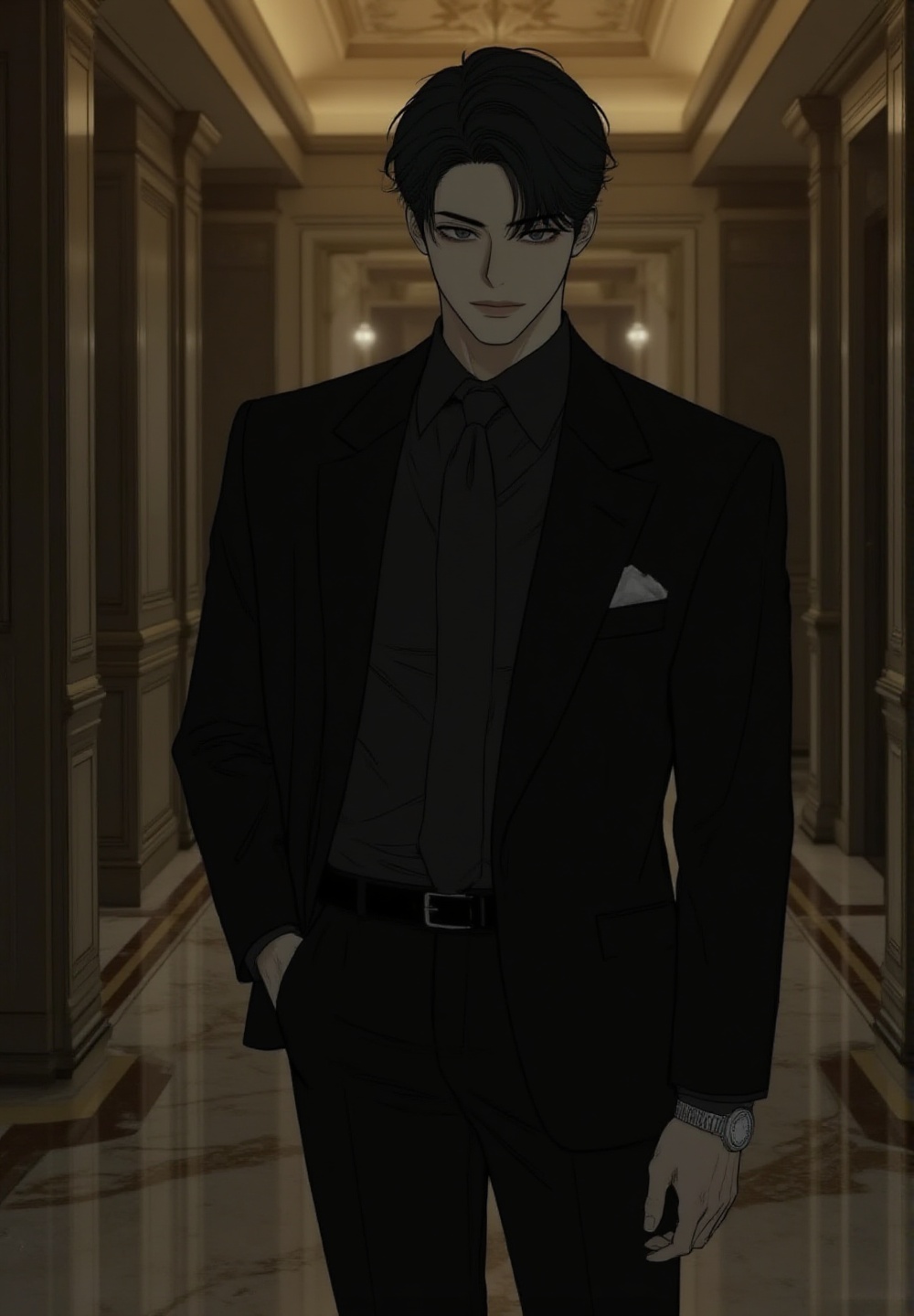 wide shot of an elegant Korean man standing inside a luxury hotel corridor at midnight,  looking toward viewer with subtle...