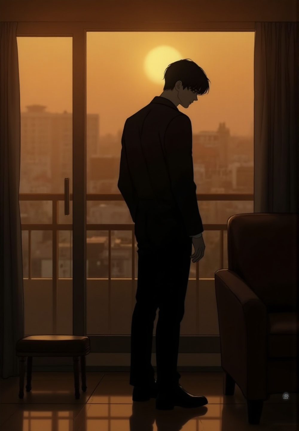 silhouette shot of a handsome Korean man standing beside a large apartment window during sunset,  only his dark silhouette...