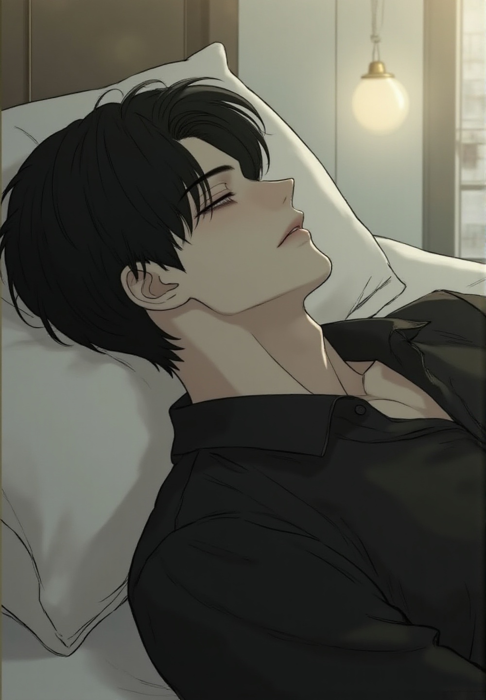 side profile shot of a handsome Korean man sleeping quietly inside a luxury penthouse bedroom during soft daylight,  eyes...