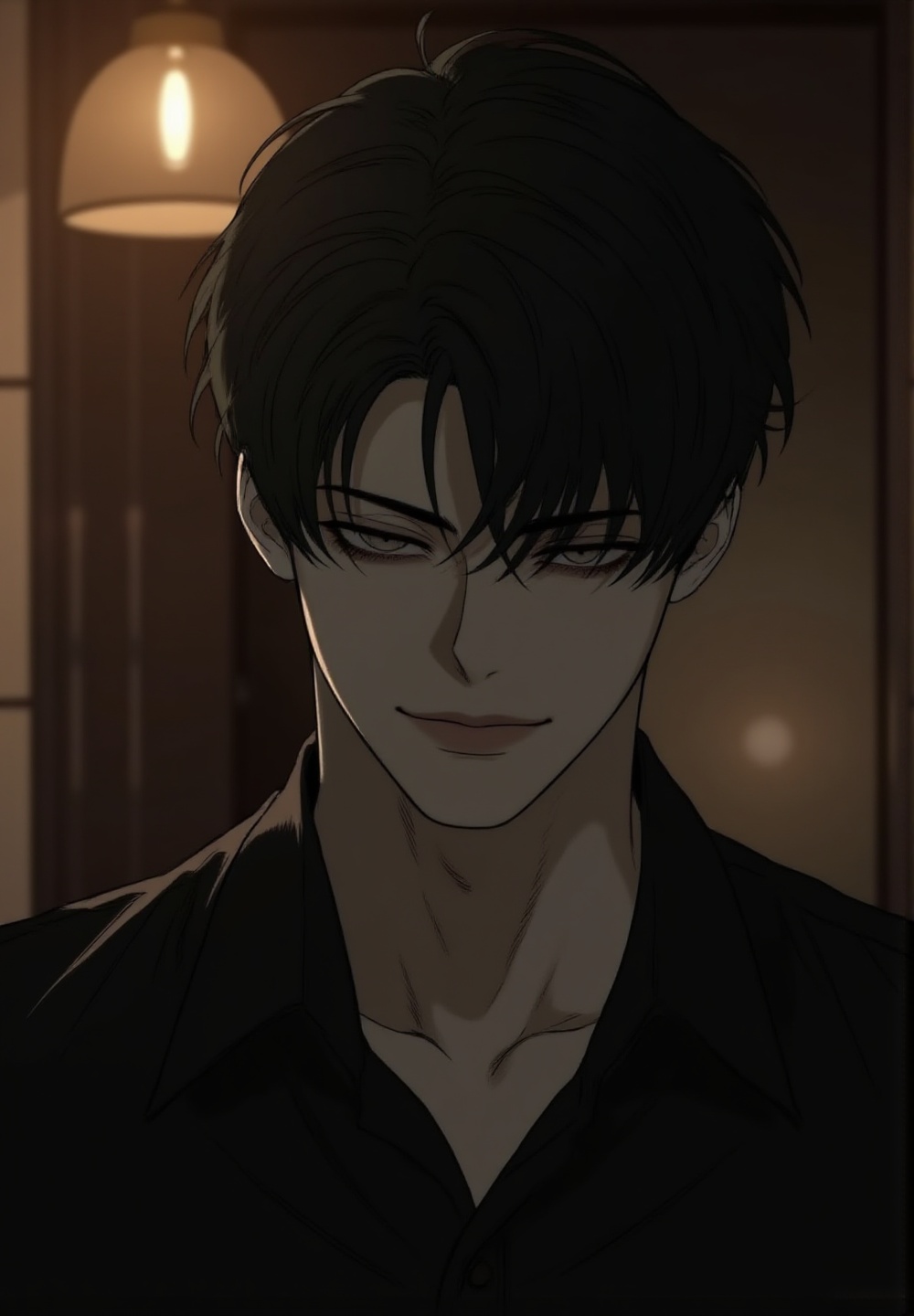 close-up angle shot of an elegant Korean man smiling faintly with dangerous charm,  intense narrow eyes staring calmly tow...
