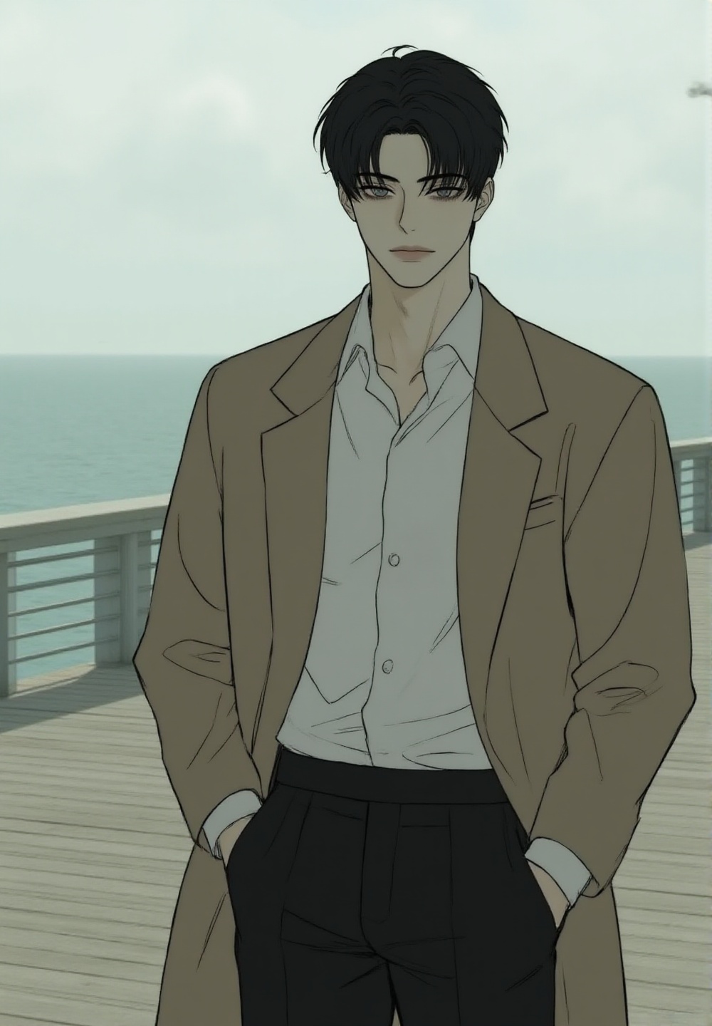 wide shot of an elegant Korean man standing quietly at a seaside boardwalk during cloudy daylight,  facing viewer with lon...