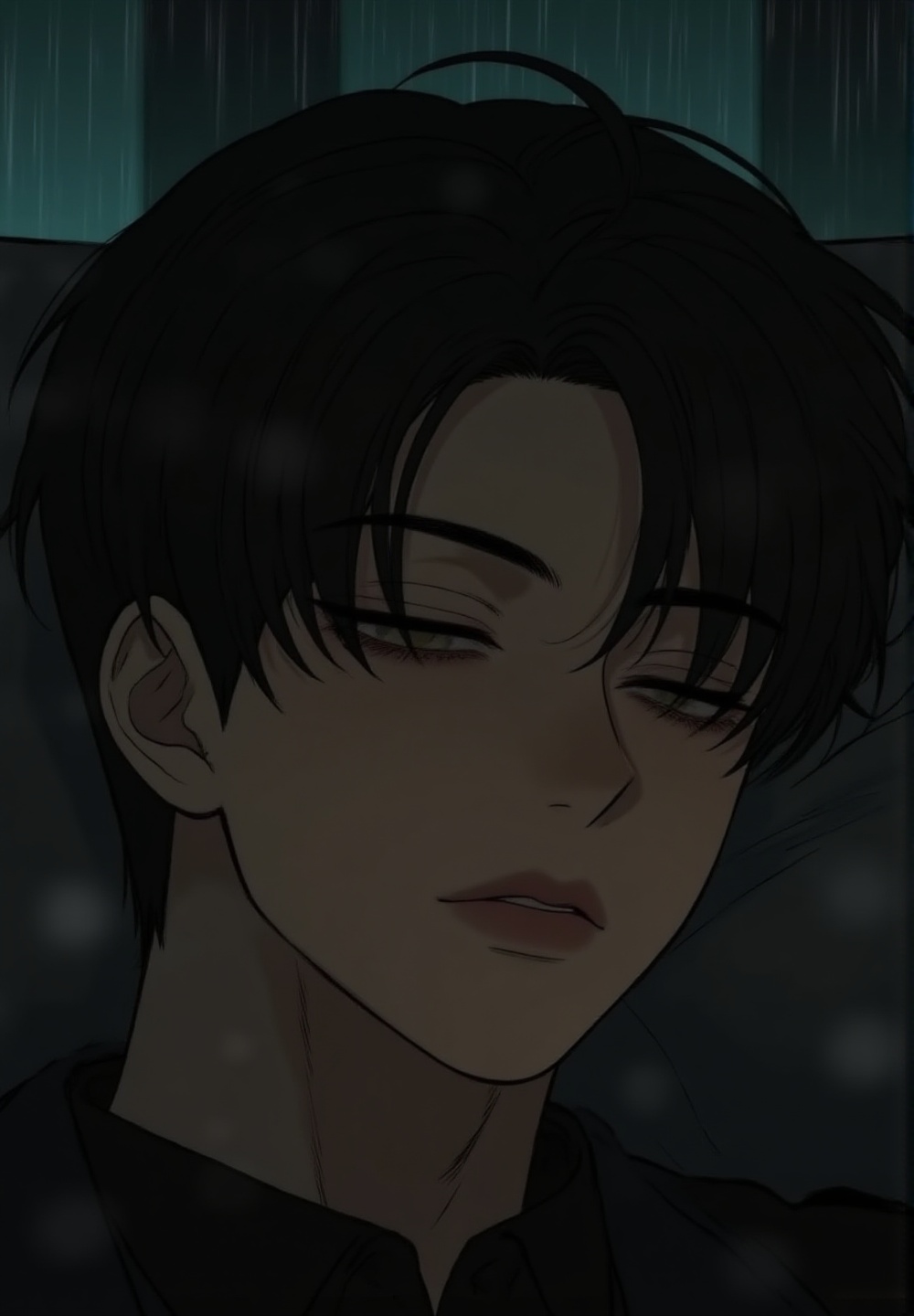 close-up shot of a dangerously attractive Korean man sleeping peacefully on a dark sofa beside a rainy apartment window at...