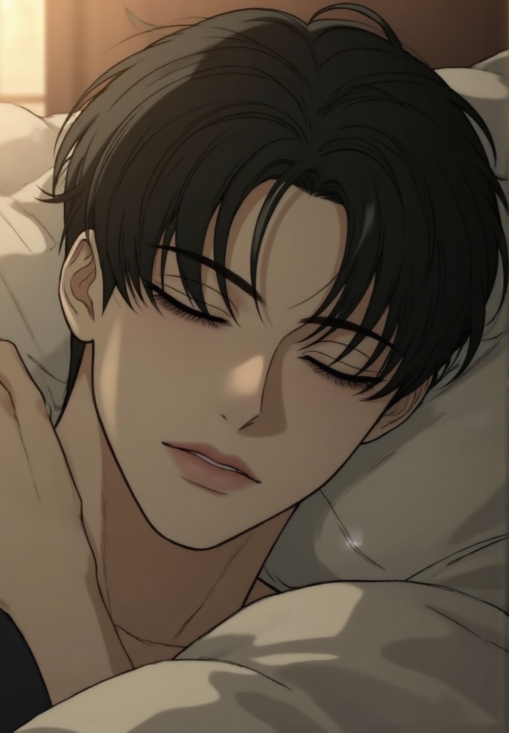 extreme close-up shot of a handsome Korean man sleeping with eyes closed,  detailed eyelashes and soft lips visible clearl...