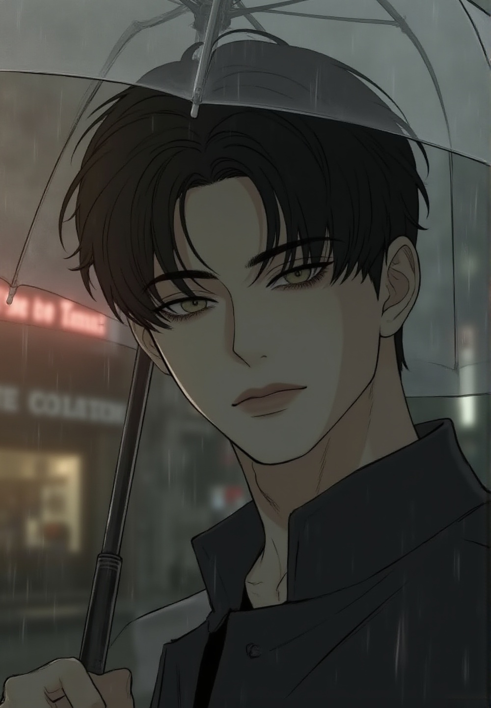 close-up angle shot of an elegant Korean man standing beneath transparent umbrella during rainy daylight,  staring directl...