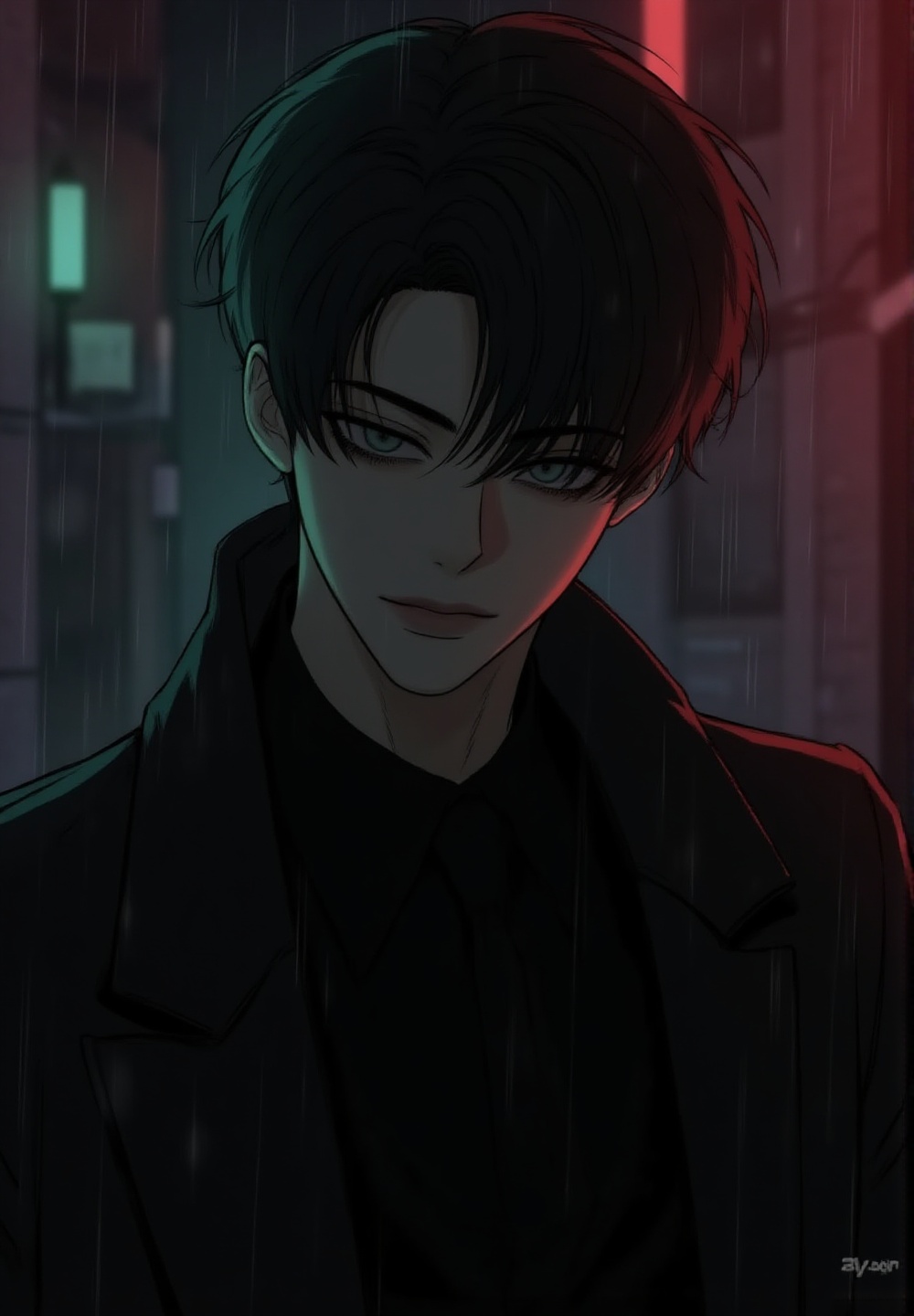 Dutch angle shot of a dangerously attractive Korean man standing inside a neon-lit alleyway during rainy midnight,  tilted...
