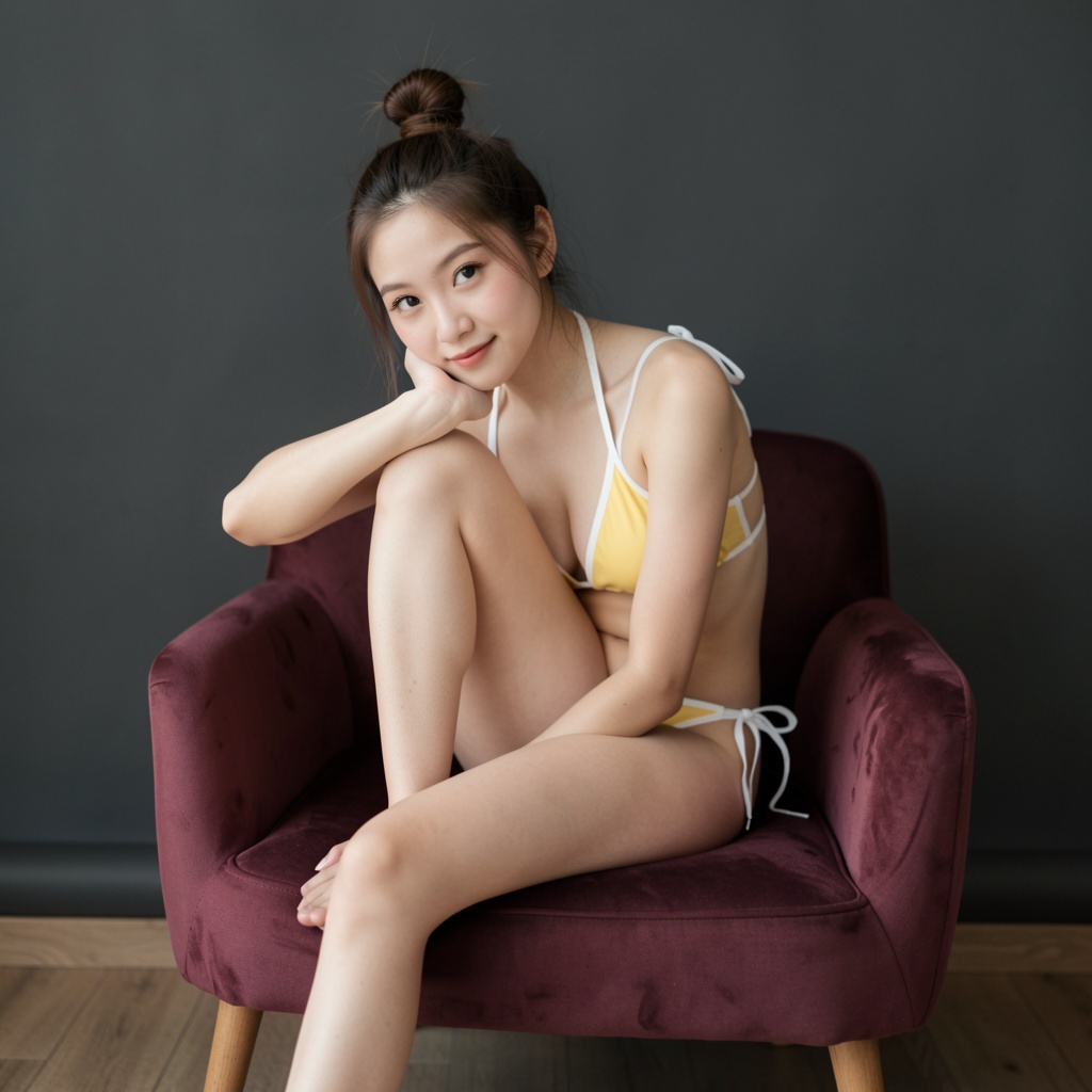 Photograph of a young Asian woman with light skin and a slim,  petite physique,  sitting on a maroon velvet armchair. She...