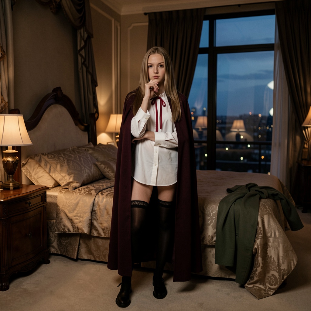 Photograph of a young girl with long,  straight light hair standing in a luxurious,  dimly-lit huge bedroom at dusk. She i...