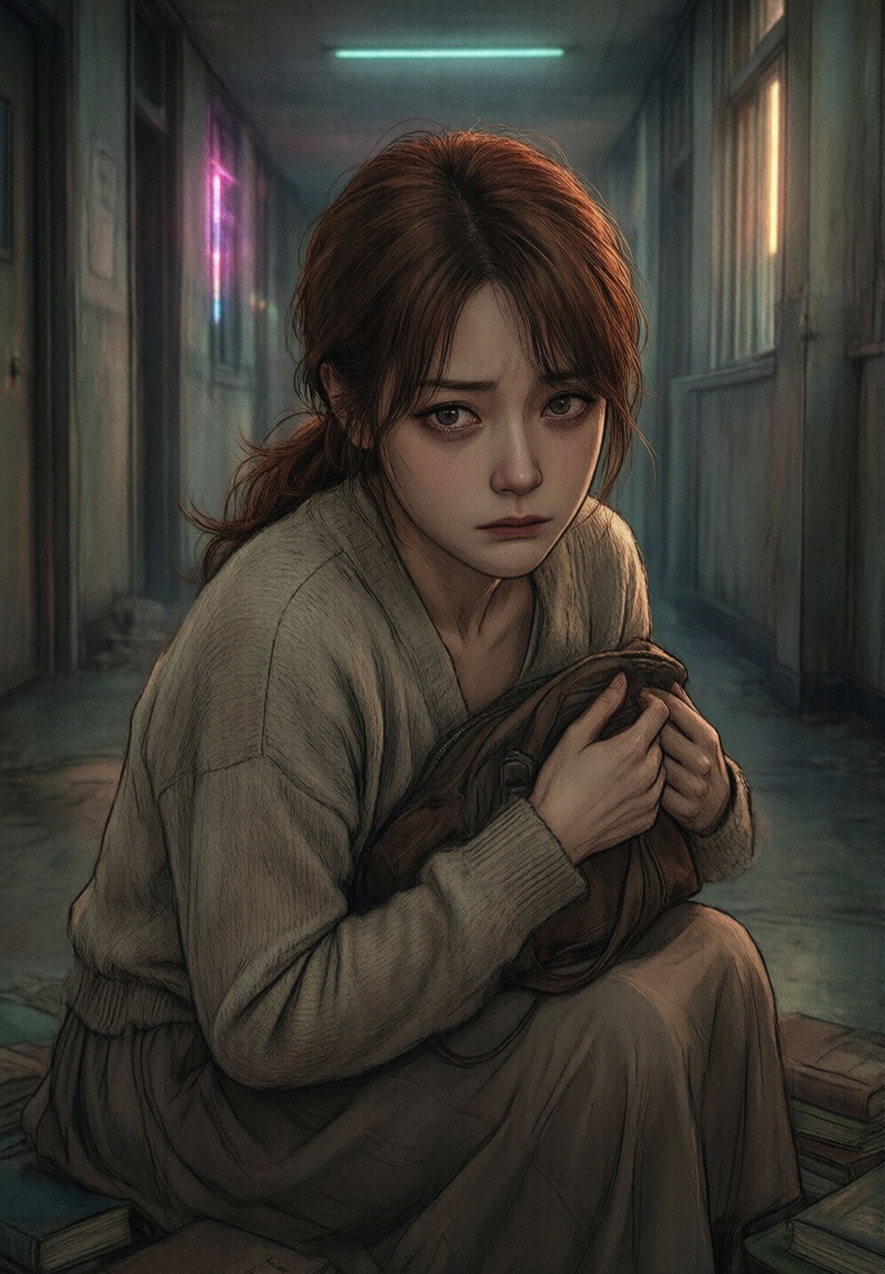 Full-body shot of Yura Ainsley. She has warm brown hair in a low,  messy ponytail. She wears a soft beige cardigan and a m...
