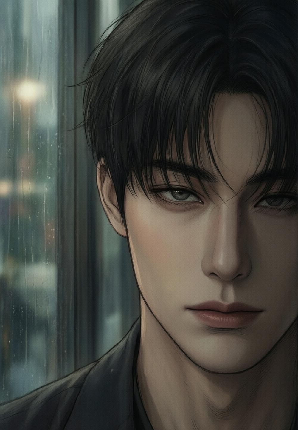 partial face shot of a handsome Korean man standing beside a rainy cafe window during daylight,  half of his face hidden i...