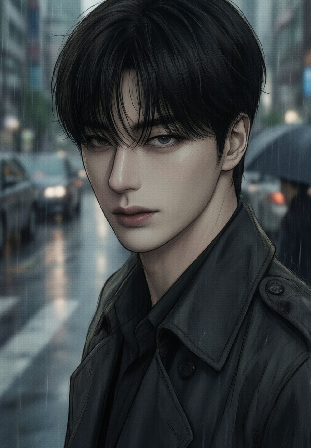 close-up angle shot of a dangerously attractive Korean man standing beside a rainy crosswalk during overcast daylight,  st...