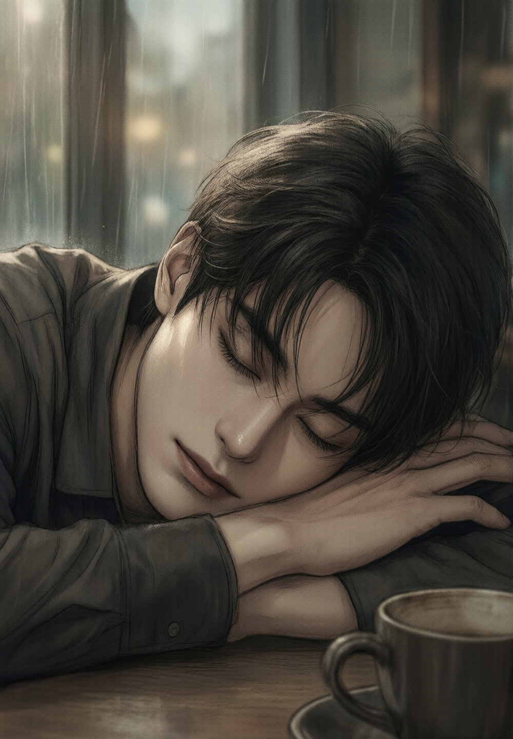 waist-up shot of a dangerously attractive Korean man sleeping peacefully at a quiet cafe table during rainy daylight,  eye...