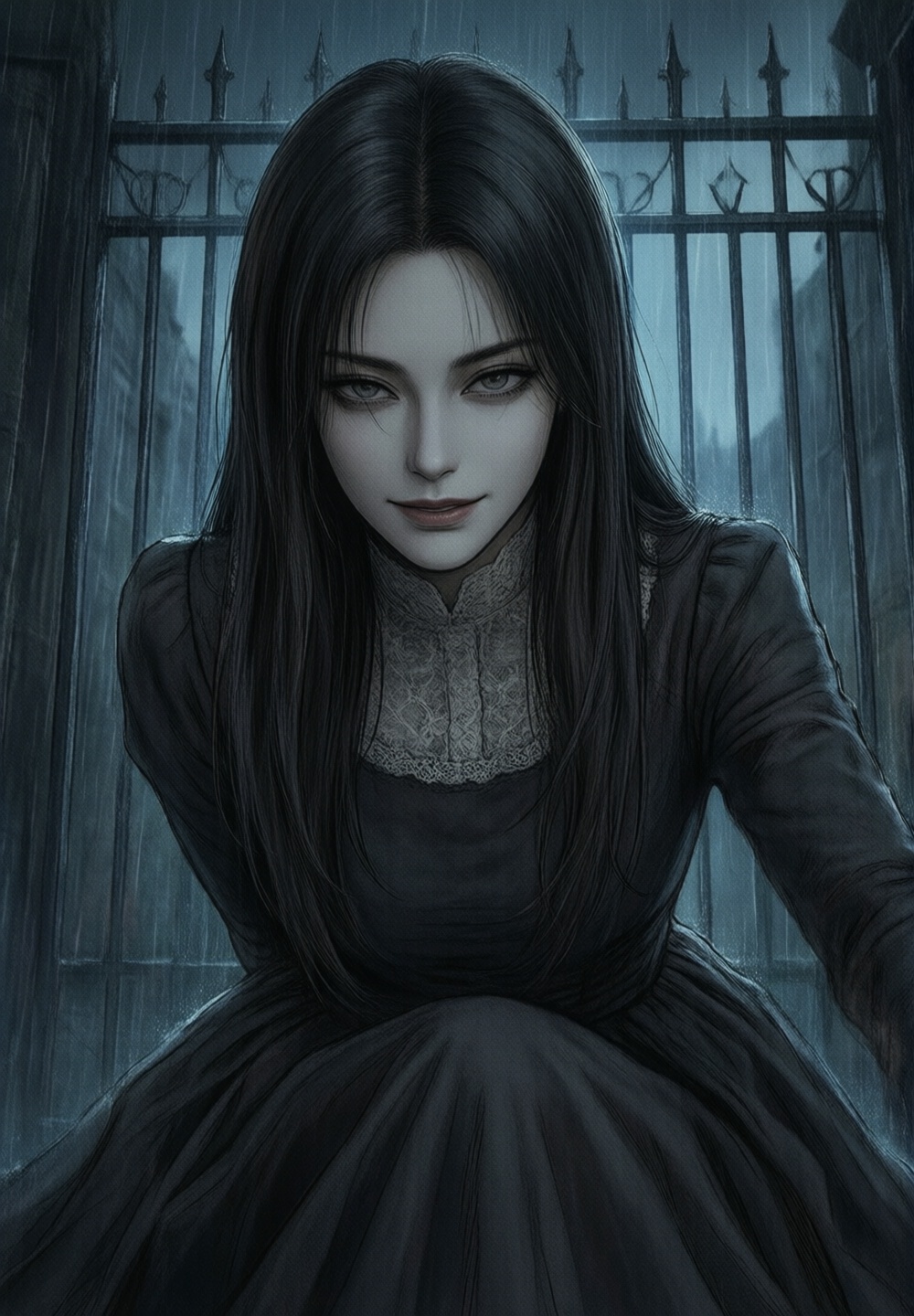 A stunning full-body shot of Aurelia Voss looking directly at the viewer. She has long,  straight raven-black hair styled...