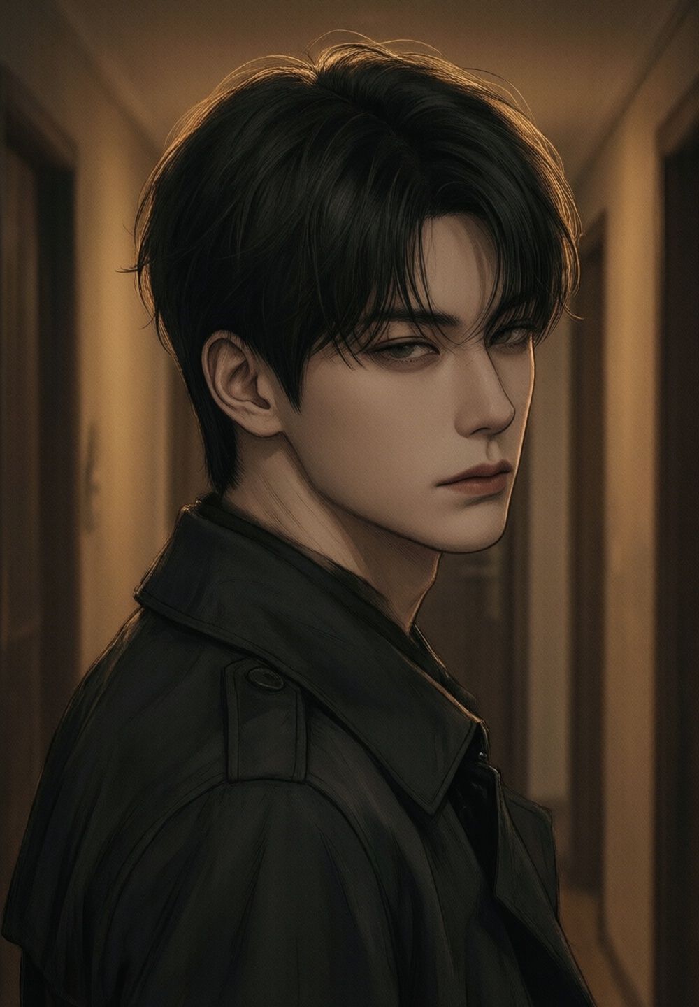 over-the-shoulder shot of a handsome Korean man looking back toward viewer inside a dim apartment hallway at night,  broad...