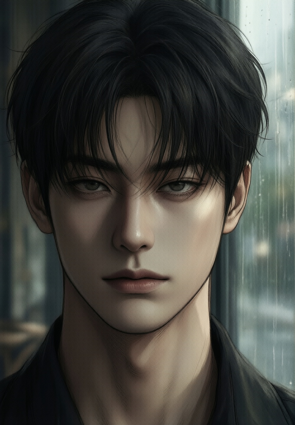 partial face shot of a handsome Korean man standing beside a rainy cafe window during daylight,  half of his face hidden i...