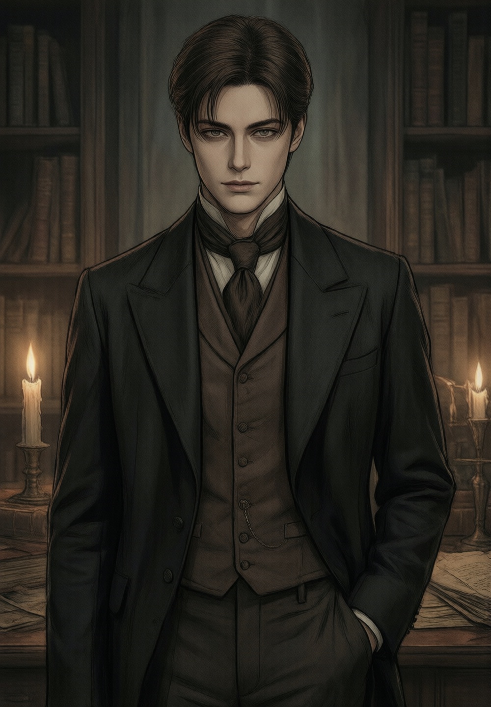 A full-body shot of Mr. Alden looking directly forward with a calm,  knowing expression. His dark chestnut hair is styled...