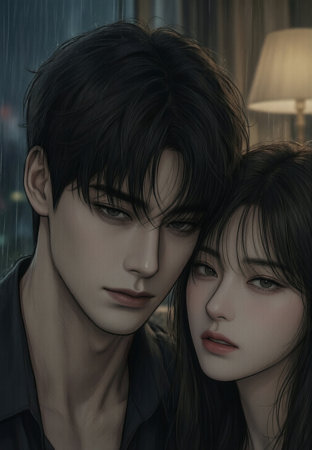 close-up angle shot of a handsome Korean man resting forehead-to-forehead with his lovely girlfriend near a rainy apartmen...