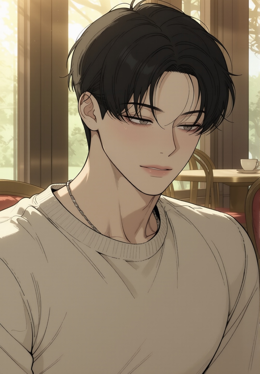 chest-up shot of an elegant Korean man sitting inside a quiet luxury cafe during warm daylight,  staring softly toward vie...