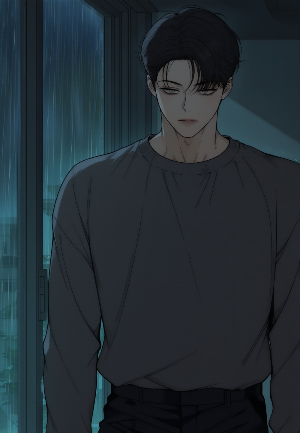 full shot body of an attractive Korean man standing beside a rainy apartment window at night,  facing forward with intense...