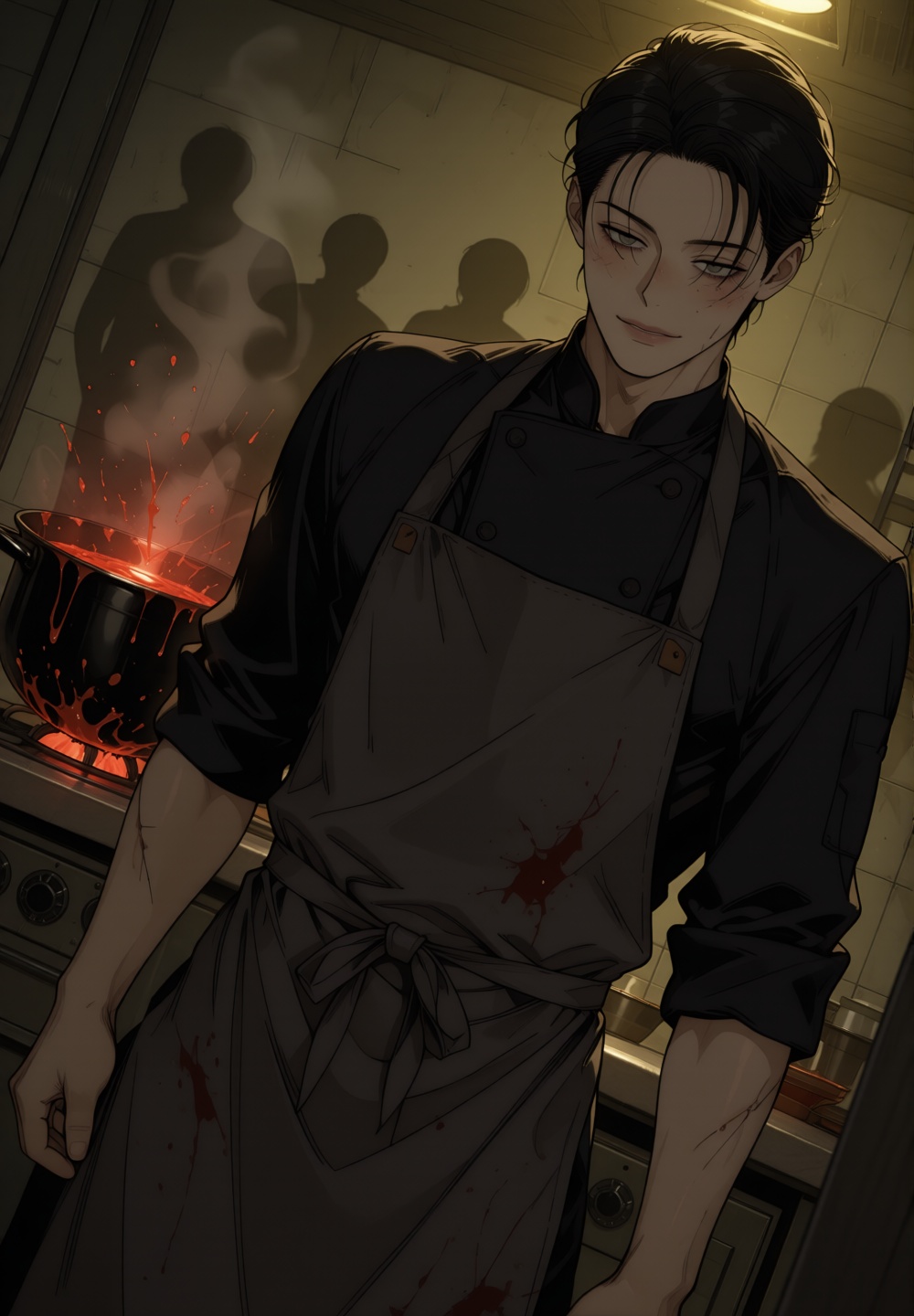 A dramatic full-body shot of a tall mysterious chef standing in a dim,  old kitchen. Raven Black hair in wet slicked-back...