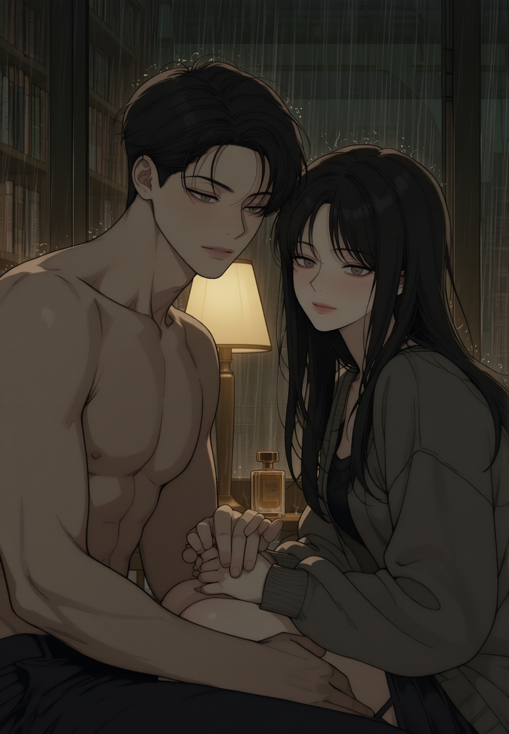 wide shot of a dangerously attractive Korean man sitting closely beside his lovely girlfriend inside a quiet bookstore dur...