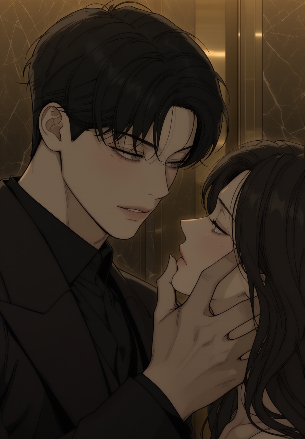 close-up shot of a handsome Korean man gently touching his girlfriend’s cheek while standing inside a luxury elevator lobb...
