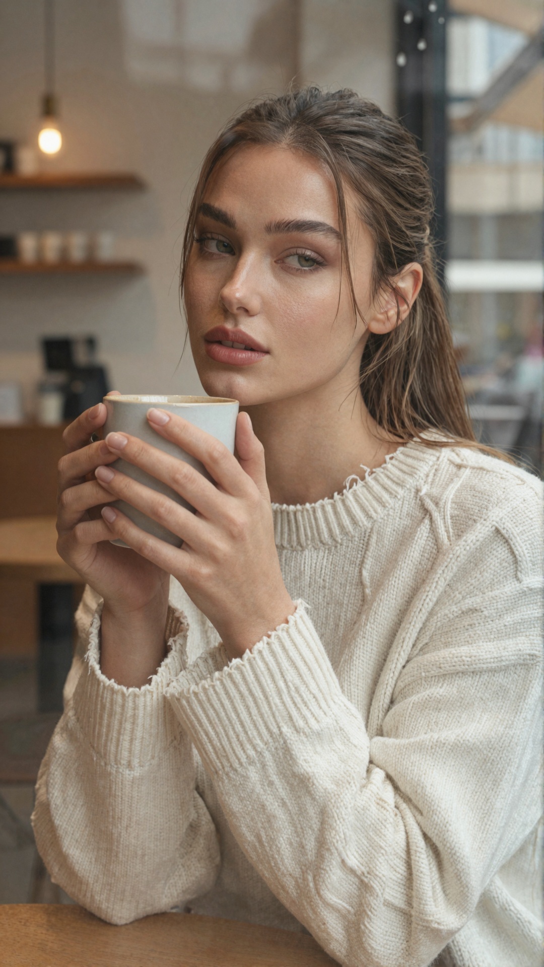 young woman with medium-warm skin tone,  light golden undertone,  fine natural skin microtexture with visible pores on Ten...