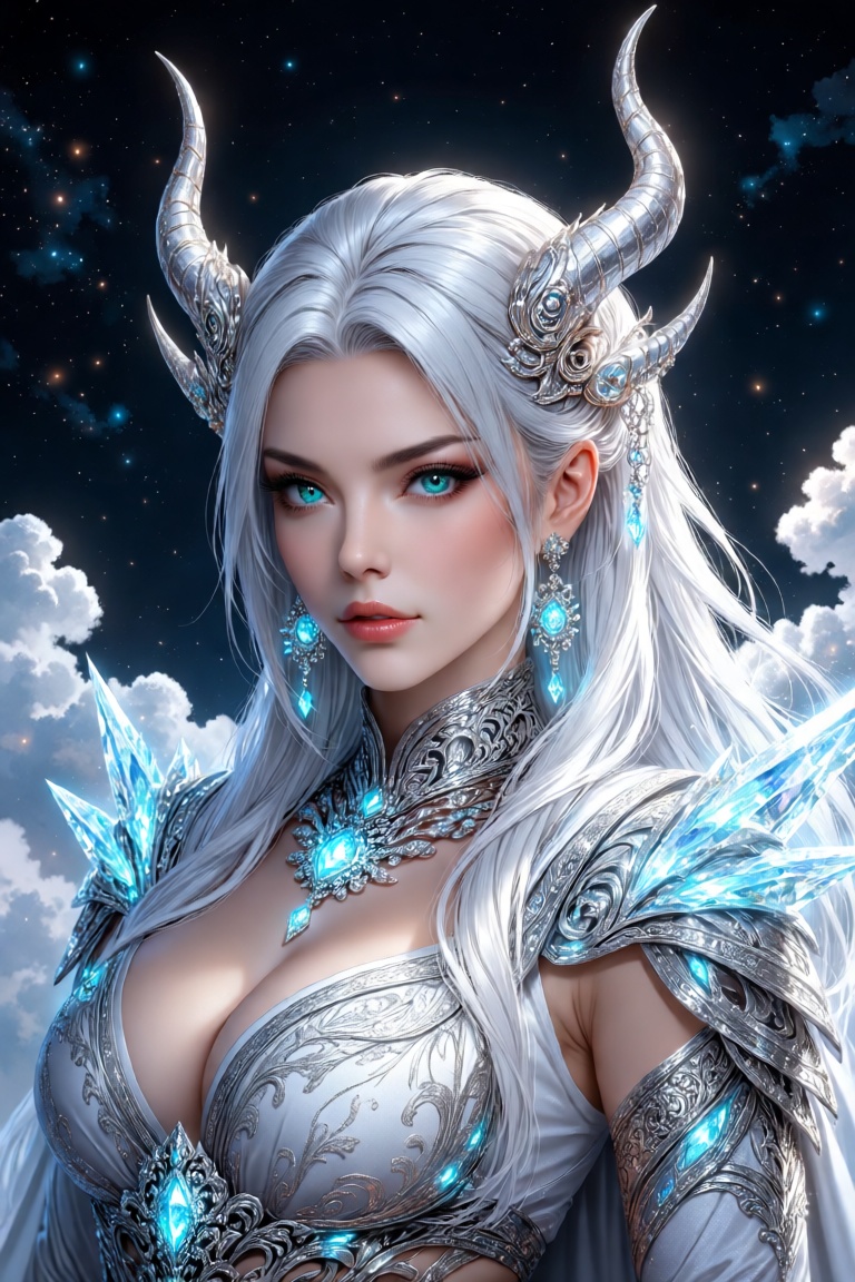 ​A photorealistic fantasy portrait of a majestic queen with platinum white hair and striking teal eyes,  elegant curved ho...