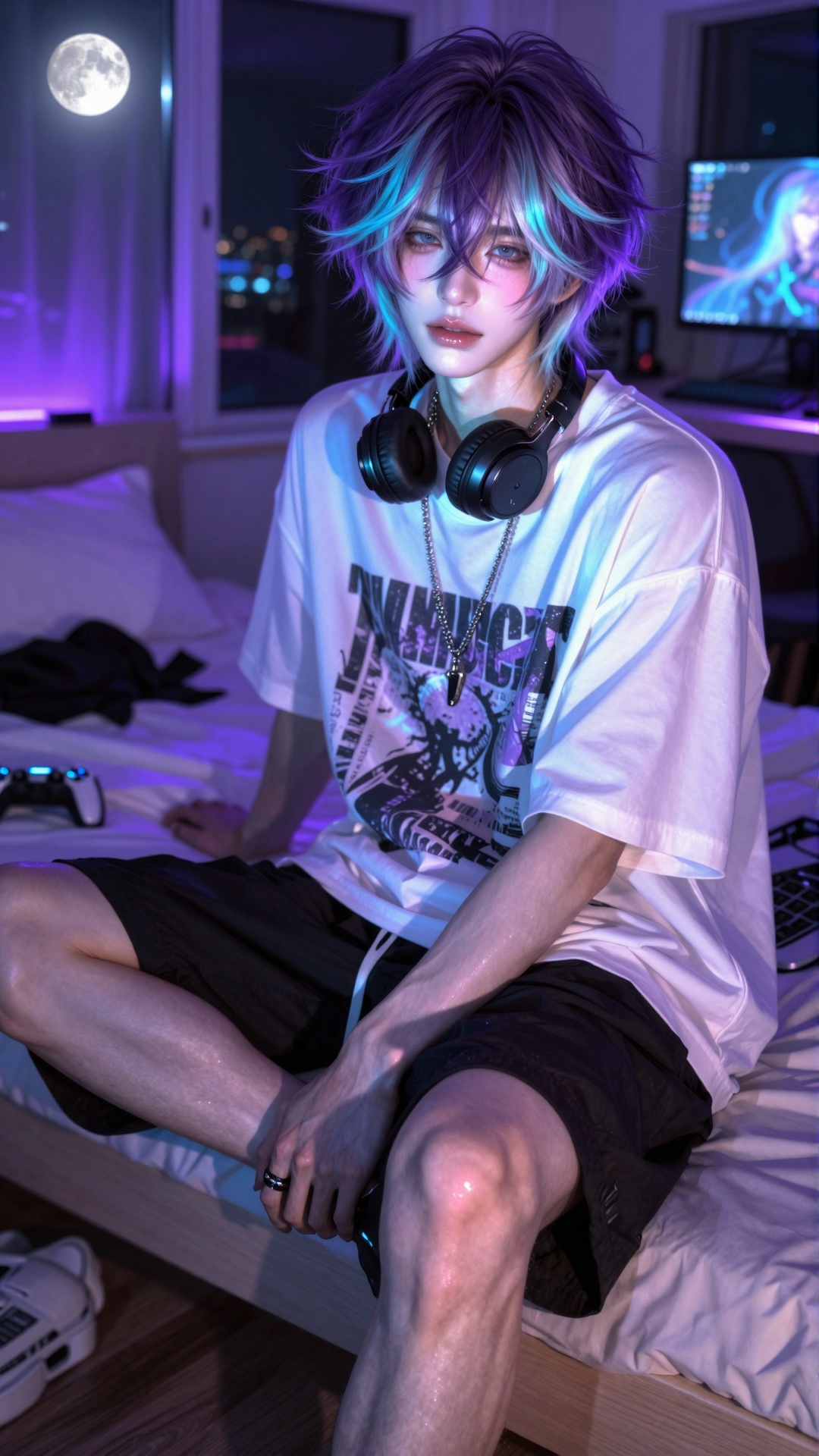 [((full lip,  glossy lips,  douyin style))] character: ((dark bedroom with purple LED lights on Tensor.Art