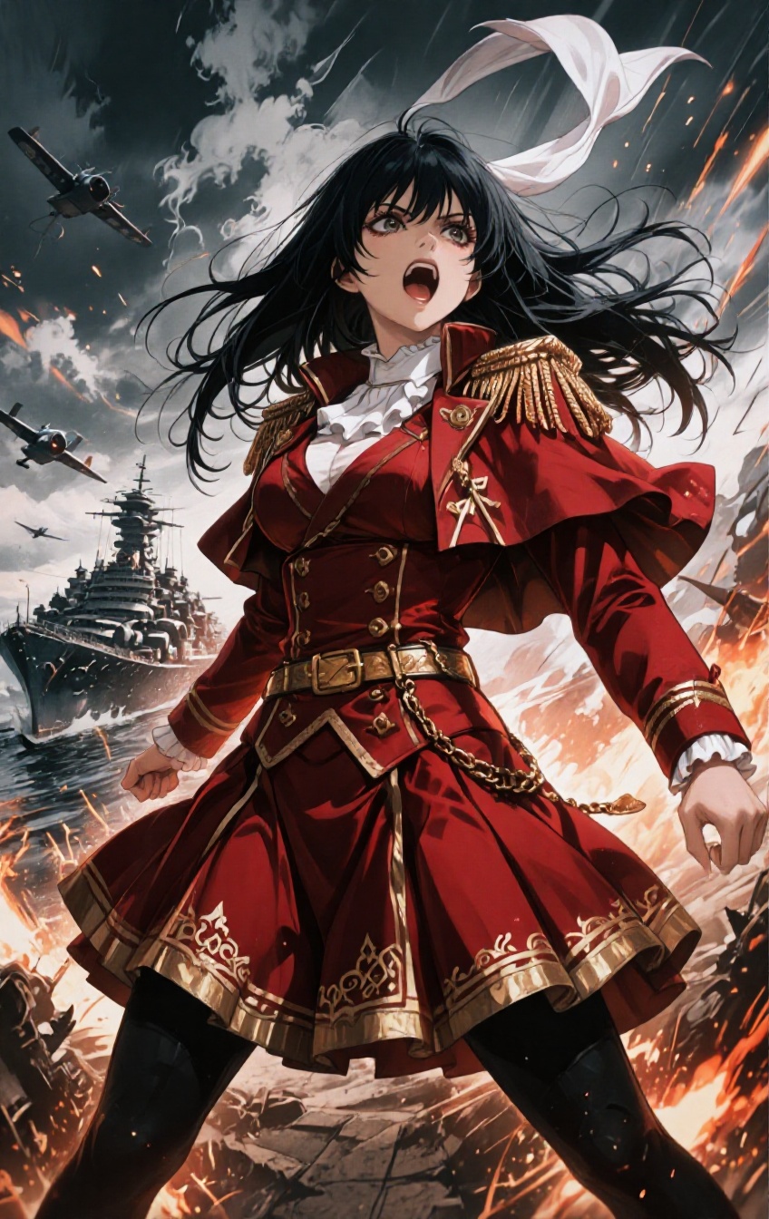Designed as an intense movie poster,  an anime warrior commands the frame in a full-body tilt ultra wide dynamic action po...
